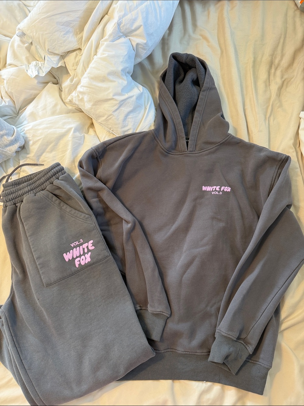 White Fox Boutique Charcoal Hoodie & Sweatpants Set with Pink Logo
